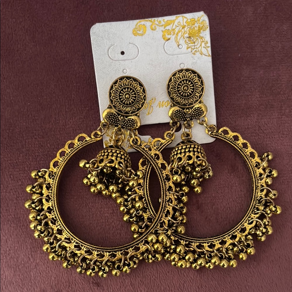Gold Ornate Hoop Earrings with Beaded Detail